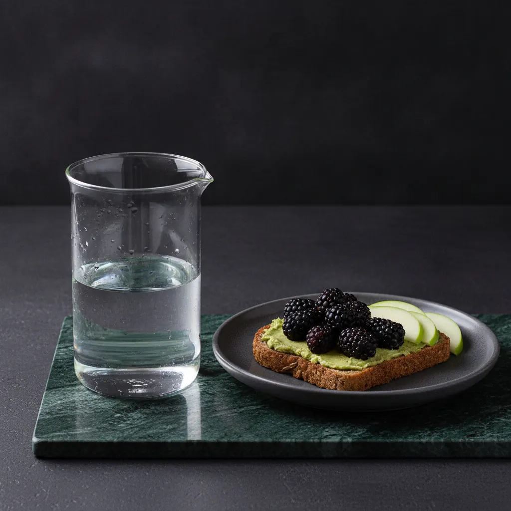 Velosa Metabolic Flasche neben einem Glas Wasser und einem Frühstücksteller am Morgen